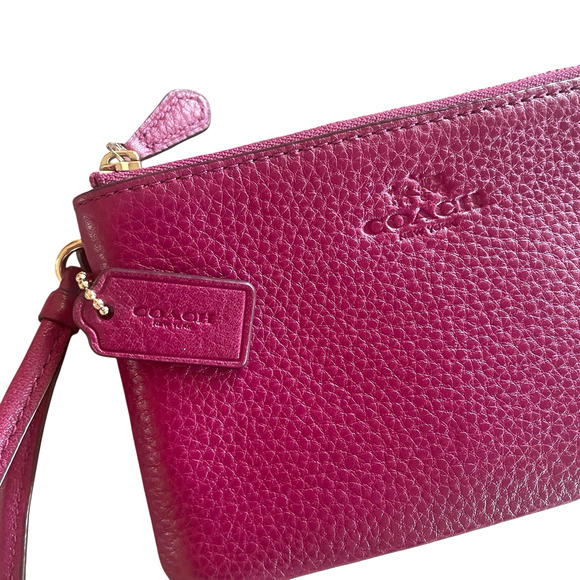 COACH Fuchsia Pebbled Leather Double Corner Zip Wristlet Bag Wallet Hang Tag - Picture 2 of 12